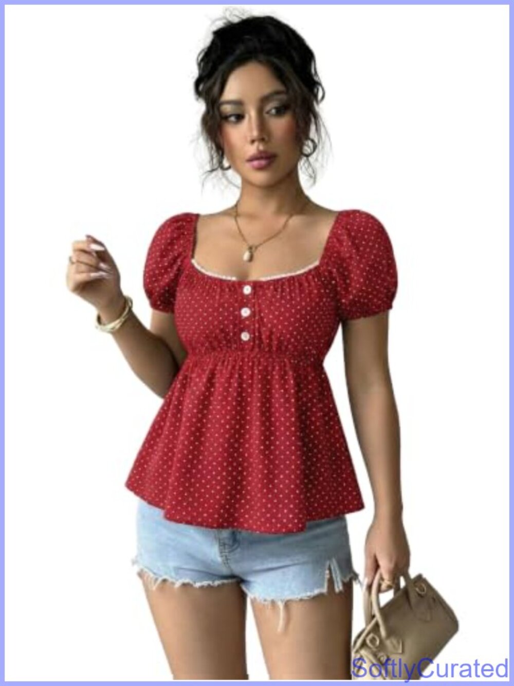 Square Neck Peplum Top Short Puff Sleeve Polka Dot Blouse